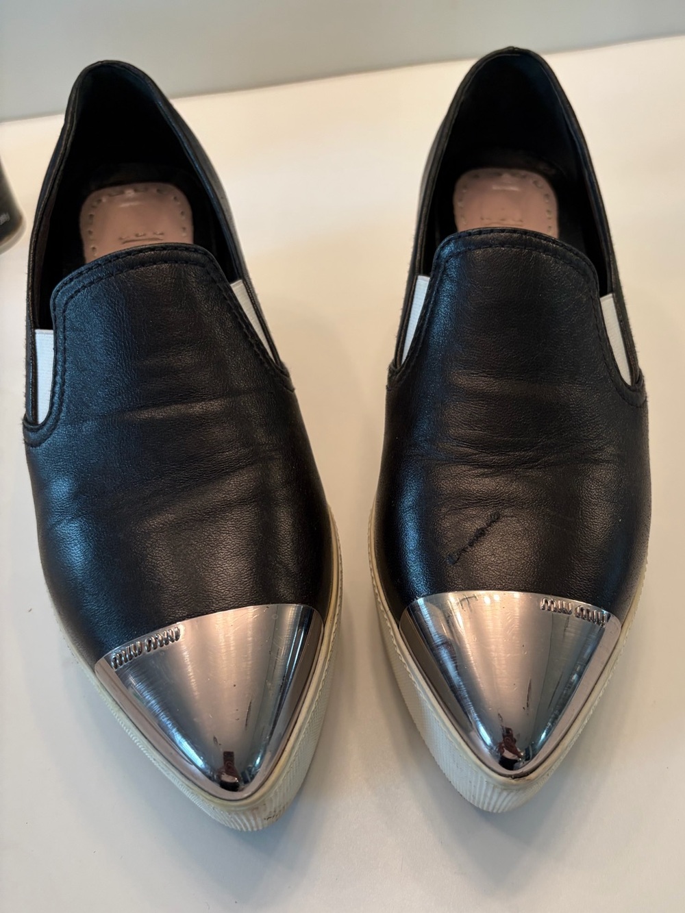 Miu Miu Black Leather Slip-On Platforn Sneakers with Silver Toe Cap - Picture 2 of 8